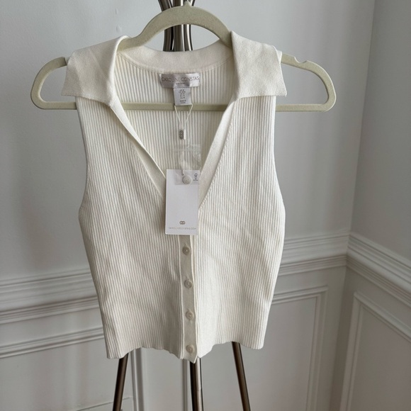 NWT Caroline Constas White Sleeveless Collared Ribbed Knit Top Size M - Picture 1 of 6
